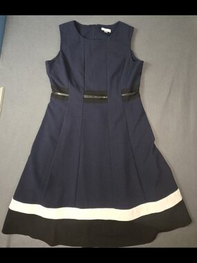 Calvin Klein Women's Fit & Flare Color Block Dress Size 14 Navy Black White Belt